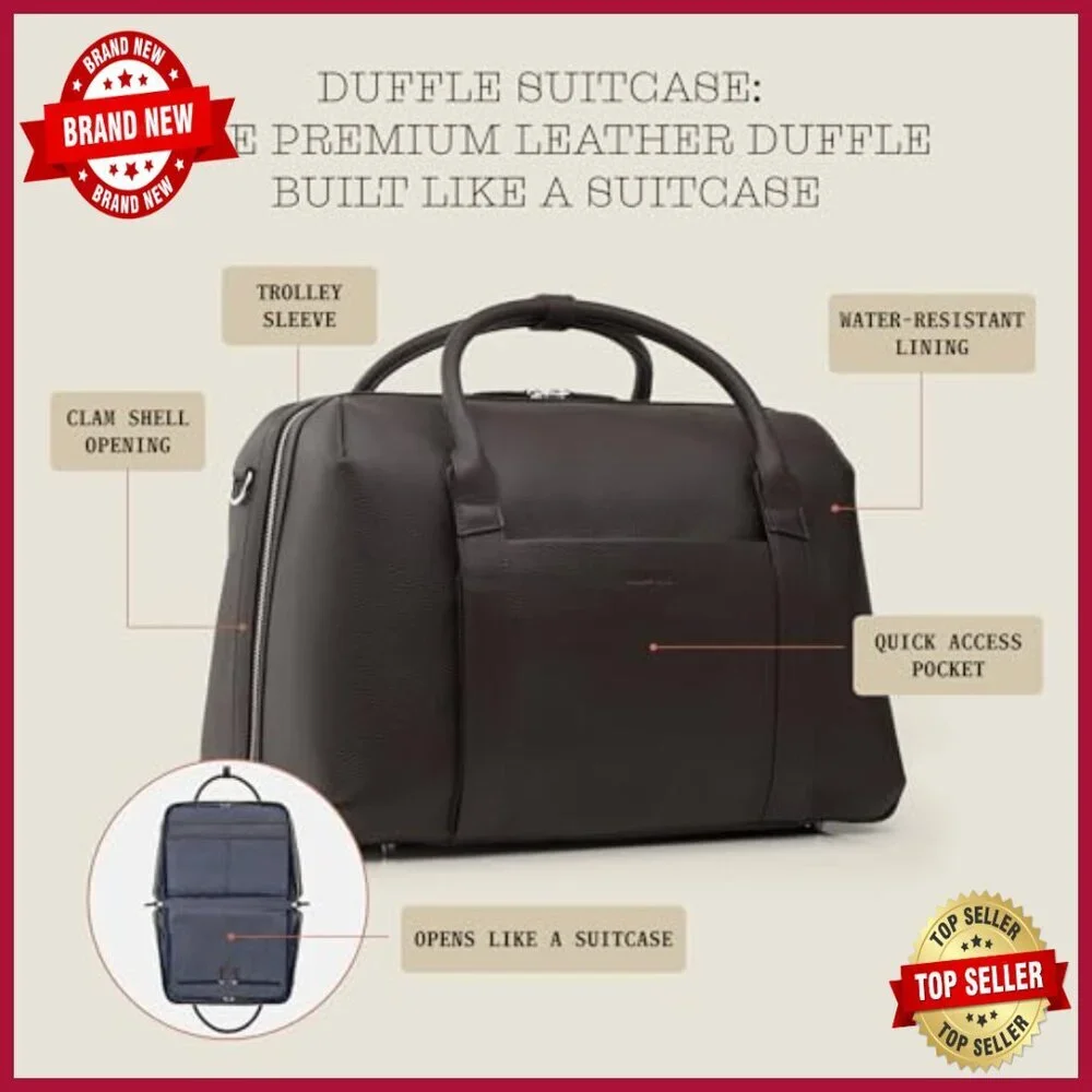 Full-Grain Leather Travel Duffel Bag with Laptop Pocket & Trolley Sleeve